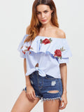 Blue Embroidered Striped Off The Shoulder Knot Front Ruffle Top With Patch Blouse