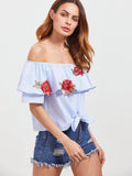 Blue Embroidered Striped Off The Shoulder Knot Front Ruffle Top With Patch Blouse