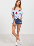 Blue Embroidered Striped Off The Shoulder Knot Front Ruffle Top With Patch Blouse