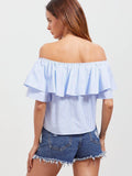 Blue Embroidered Striped Off The Shoulder Knot Front Ruffle Top With Patch Blouse